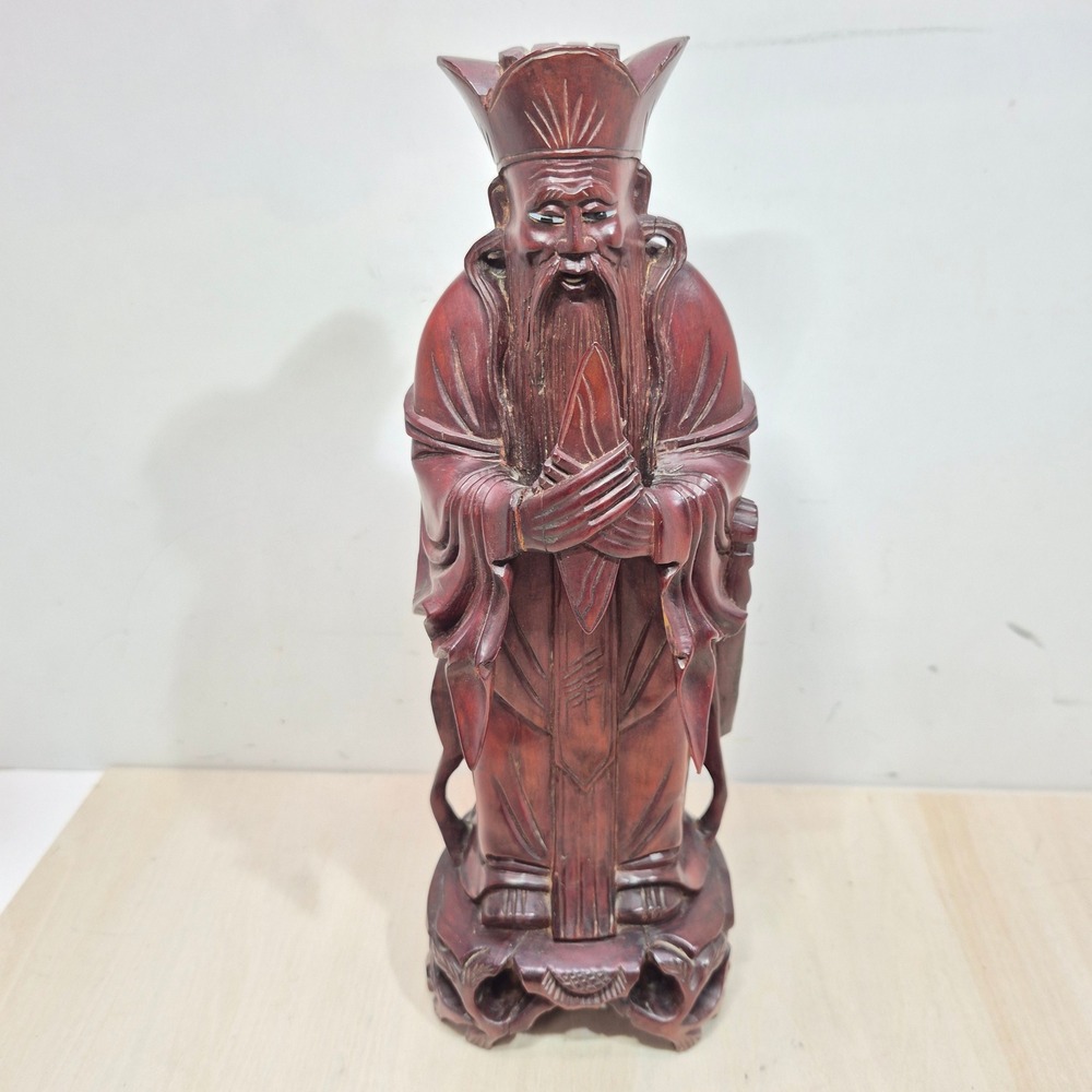 Vintage Hand Carved Wood Chinese Immortal Figure Scholar Statue Inset Eyes 12in